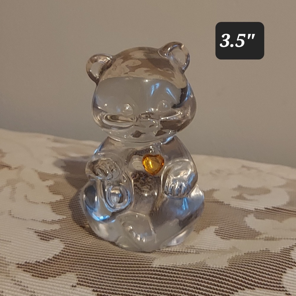 Crystal Fenton Glass Teddy Bear Figurine w/ Amber Heart Jewel 3.5" Clear Sitting - Picture 2 of 4